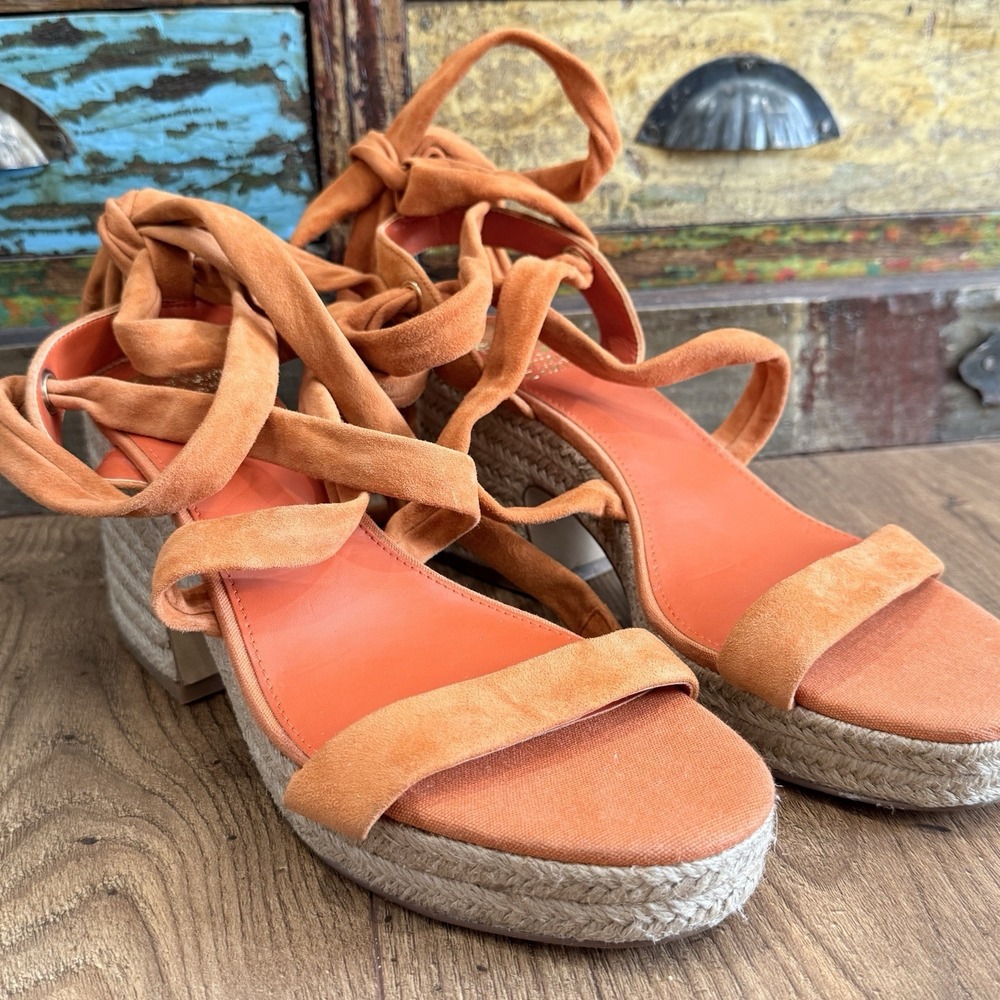 Vince Camuto Roreka Lace Up Espadrille Block Heel Sandals Orange Apricot Sz 9M - Picture 2 of 6
